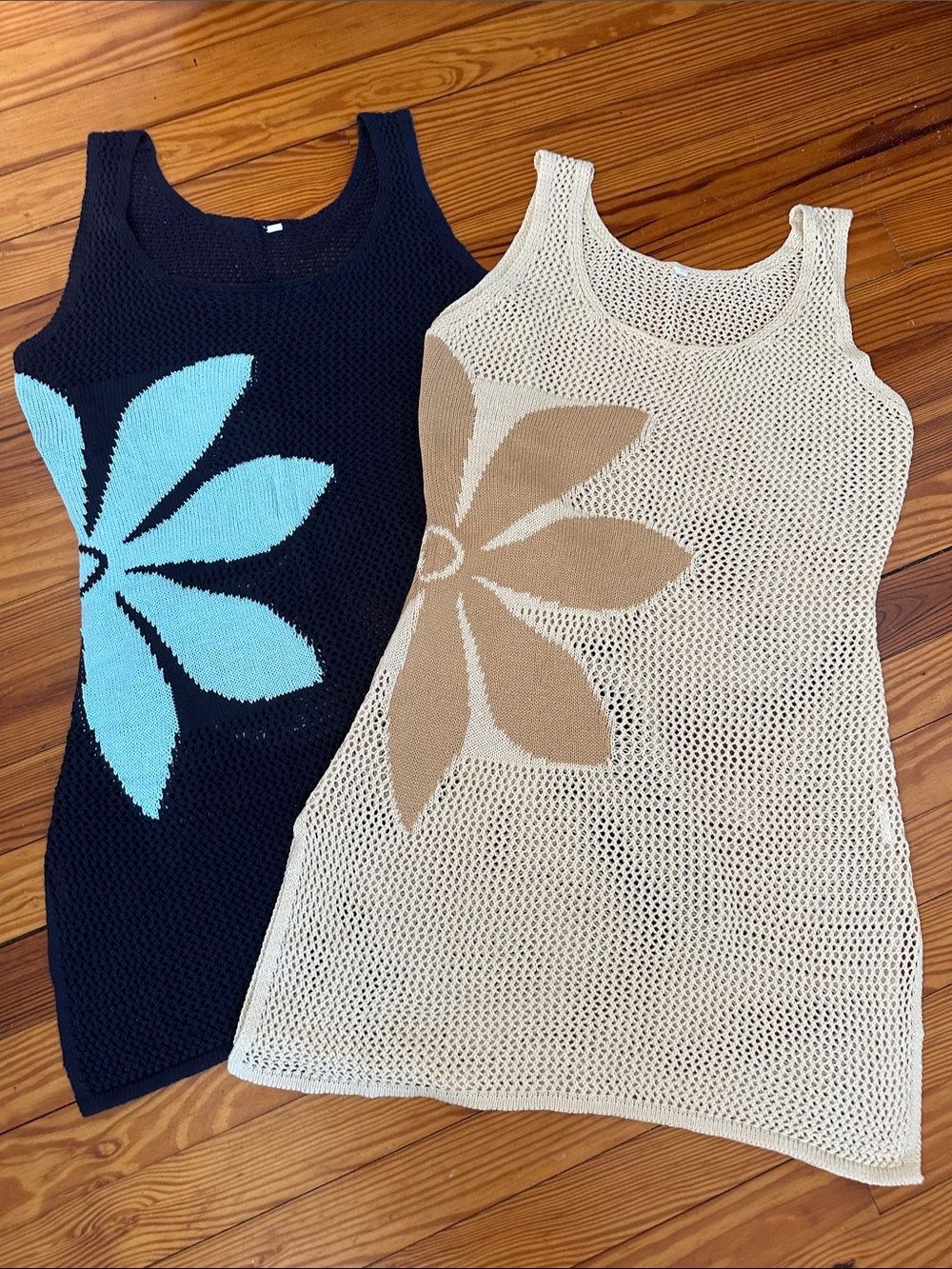 Boho beach coverups, crochet beach tank dresses, flower detail beach dresses